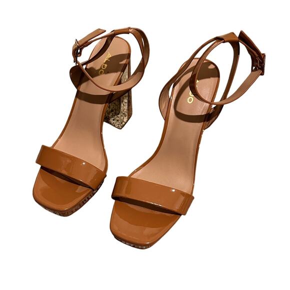 Aldo Priyah Strappy Patent Leather Cognac Block Chunky Block Heel, NWOT, size 11 - Picture 6 of 8